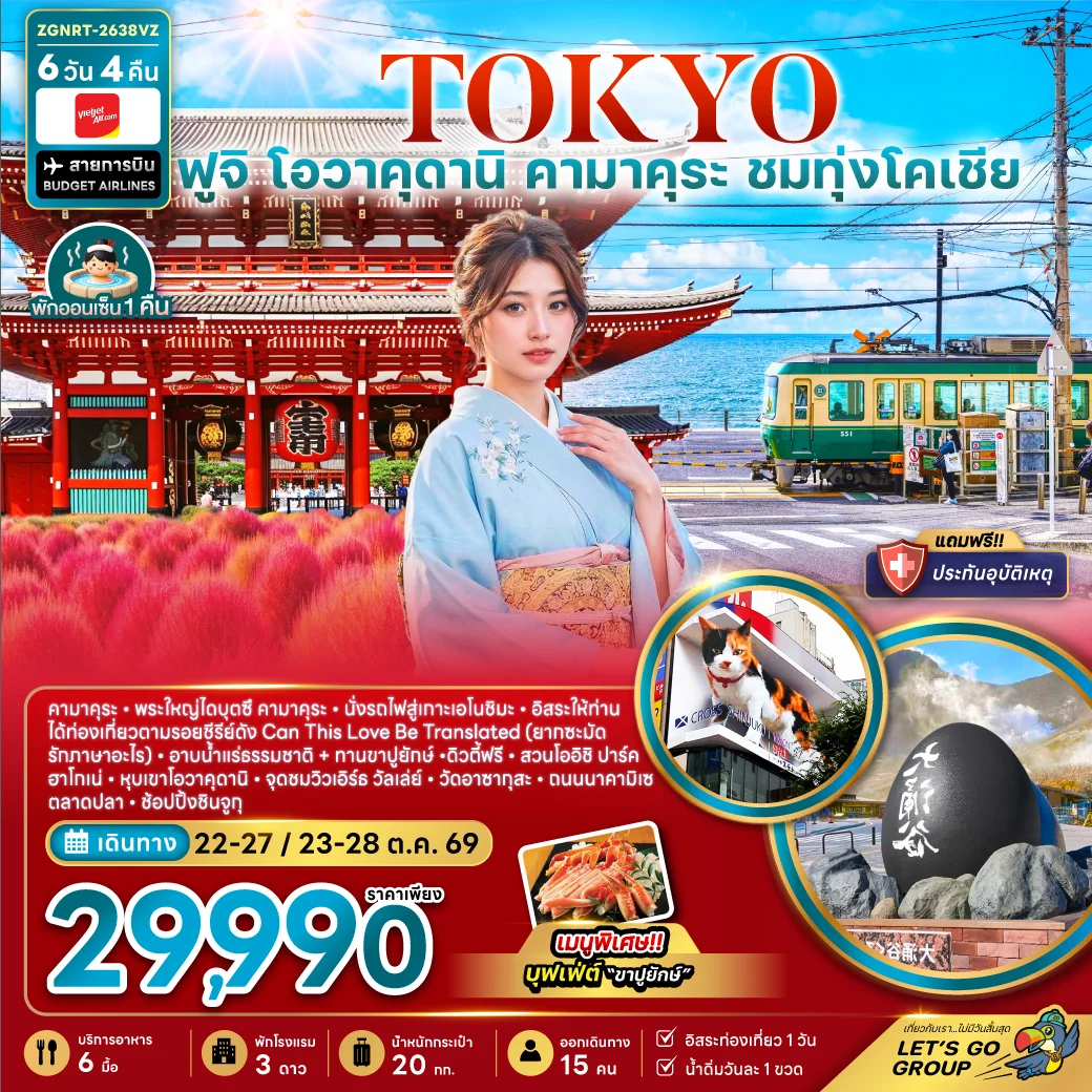 ทัวร์ญี่ปุ่น โตเกียว ฟูจิ โอวาคุดานิ คามาคุระ ชมทุ่งโคเชีย 6วัน 4คืน (VZ)
